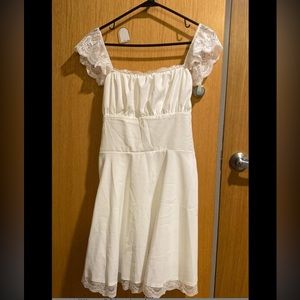 white satin lace strap mini dress; a-line ruffle short dress; babydoll dress